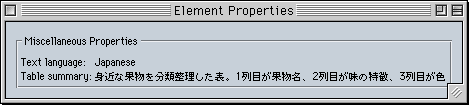 プロパティを選ぶと「Table summary: 身近な果物を...」という具合に表示されたウインドウが開く